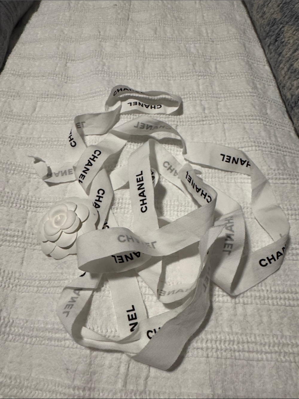 CHANEL White Camellia Logo Ribbon